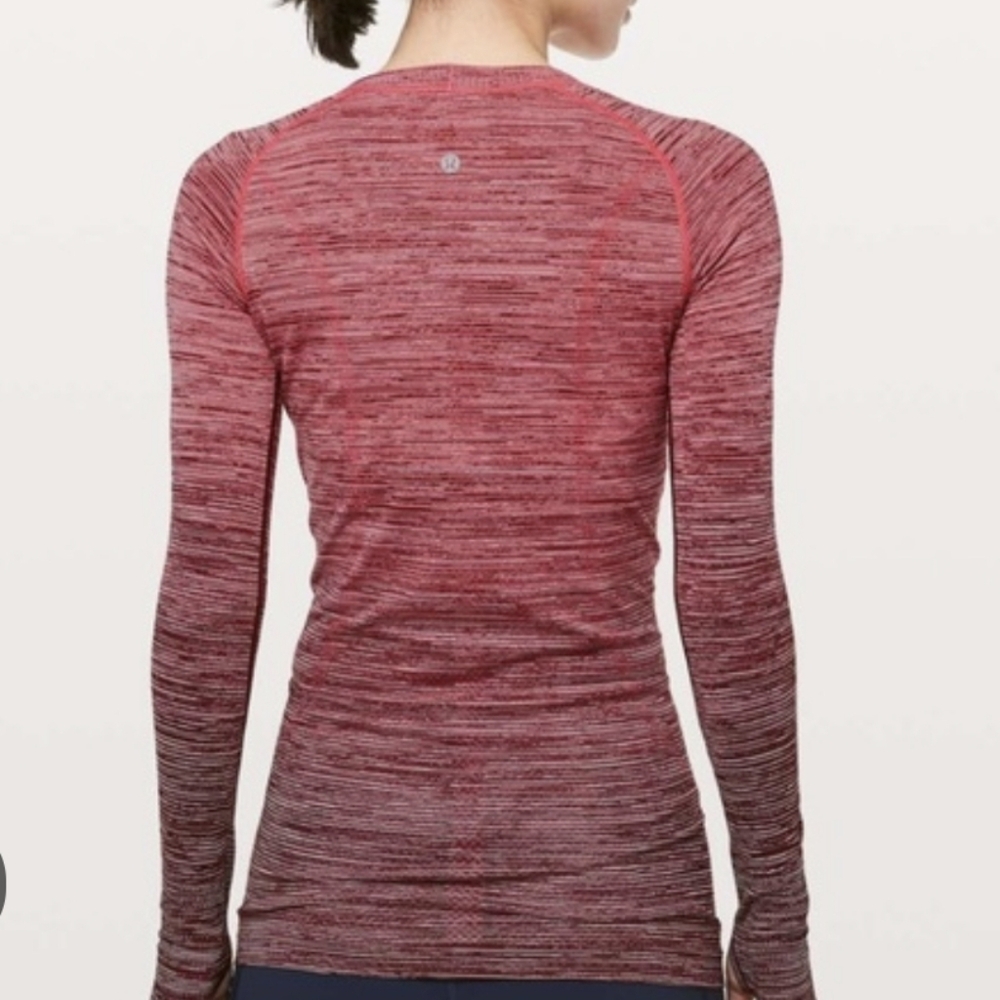 This is a Lululemon Swiftly Tech Long Sleeve Crew shirt in a red ombre colorway. - Picture 3 of 8